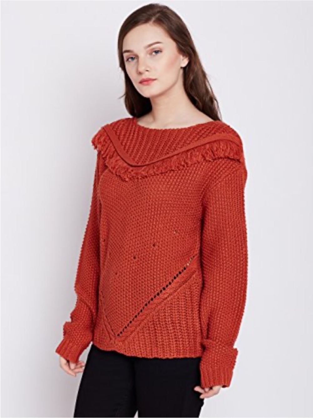 Bluenotes Ribbed Fringe Detail Crewneck Sweater - Rust Sz L
